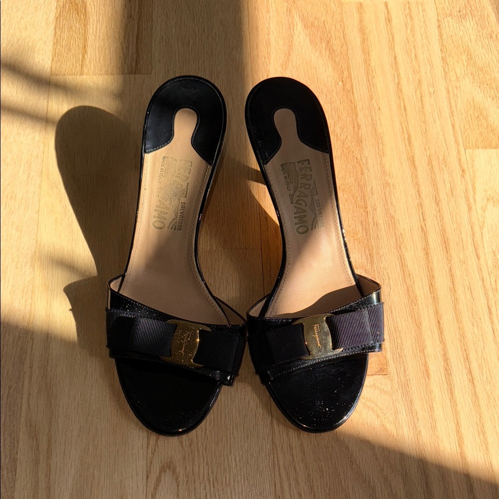 Salvatore Ferragamo Black Sandals with Gold Accent